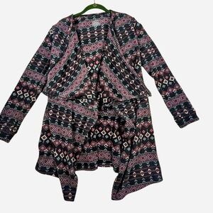 Cuddl Duds long sleeve drape-front fleece jacket navy blue with pink Aztec print